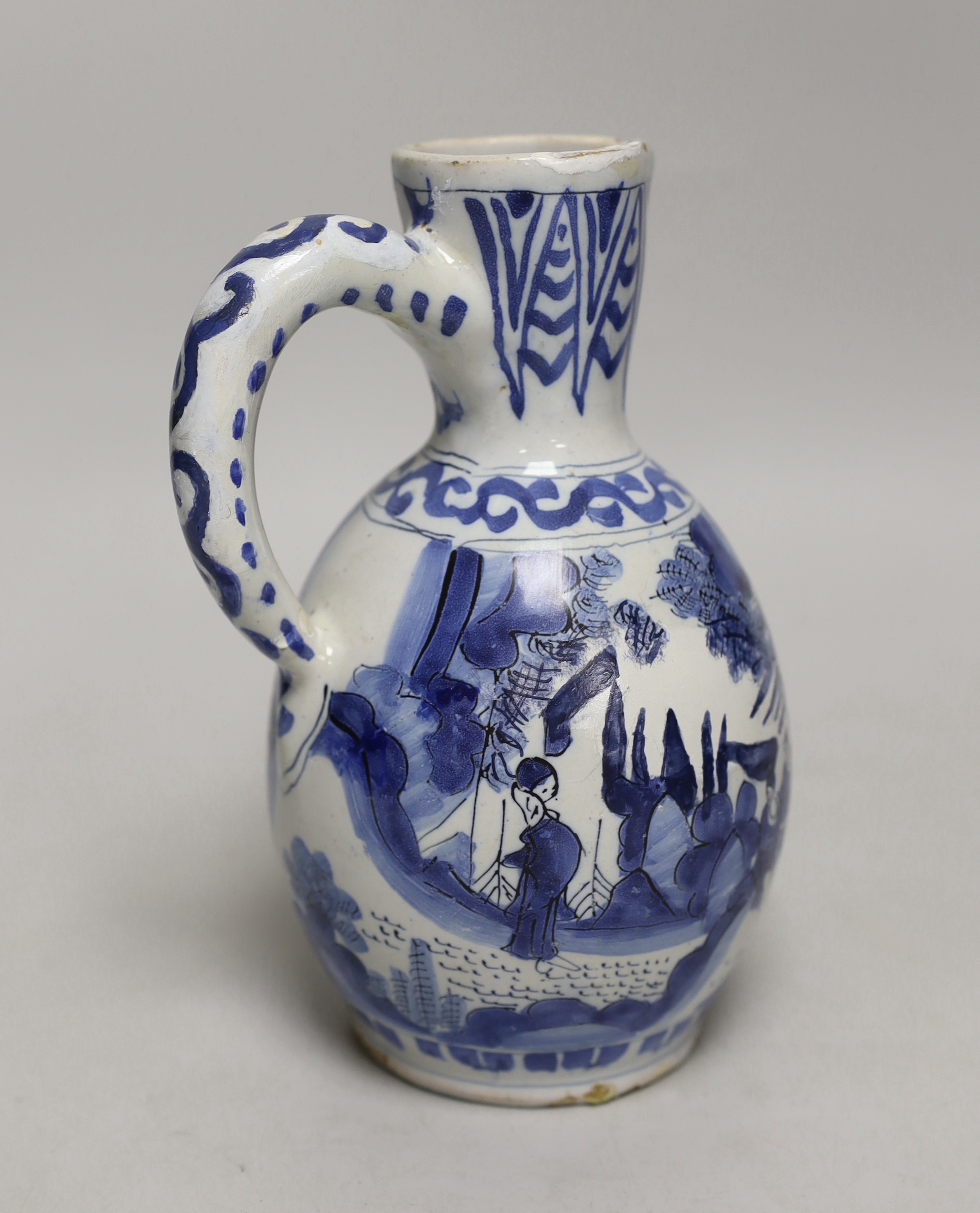 A late 17th century Delft blue and white ewer and three Chinese style tumblers and saucers, tallest 20cm